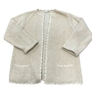 Cream Wool & Acrylic Blend Knit Cardigan Sweater With Scalloped Hem Oversized S